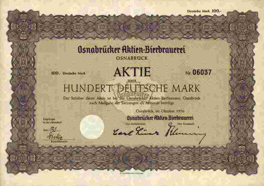 Aktien Bierbrauerei Osnabruck 1956 Dr Oetker Dortmund Dab 100 Dm Gewinnanteile Ebay